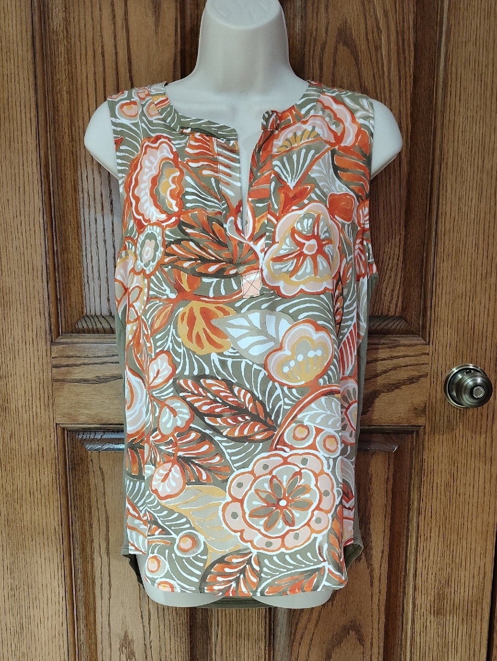 LOFT Striking Orange, Olive, Red and Cream Floral Sleeveless Split-Neck Top S